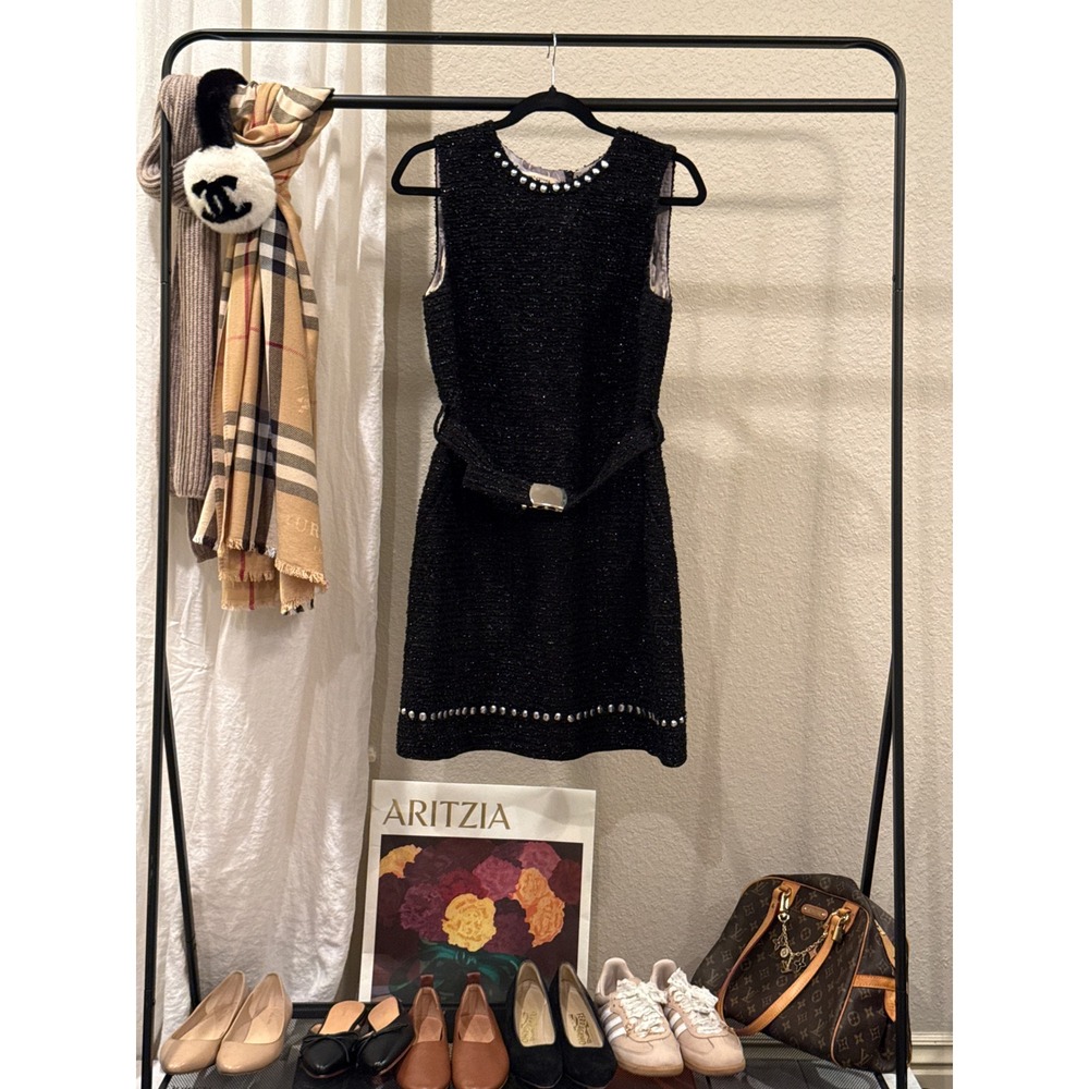 Marc Jacobs Black Metallic Tweed Studded Belted Shift Dress Womens Size 8